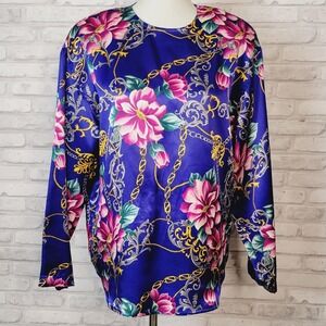 Vintage 80s Liz‎ Claiborne Silky Polyester Top Sz 12 Equestrian Floral Mobwife